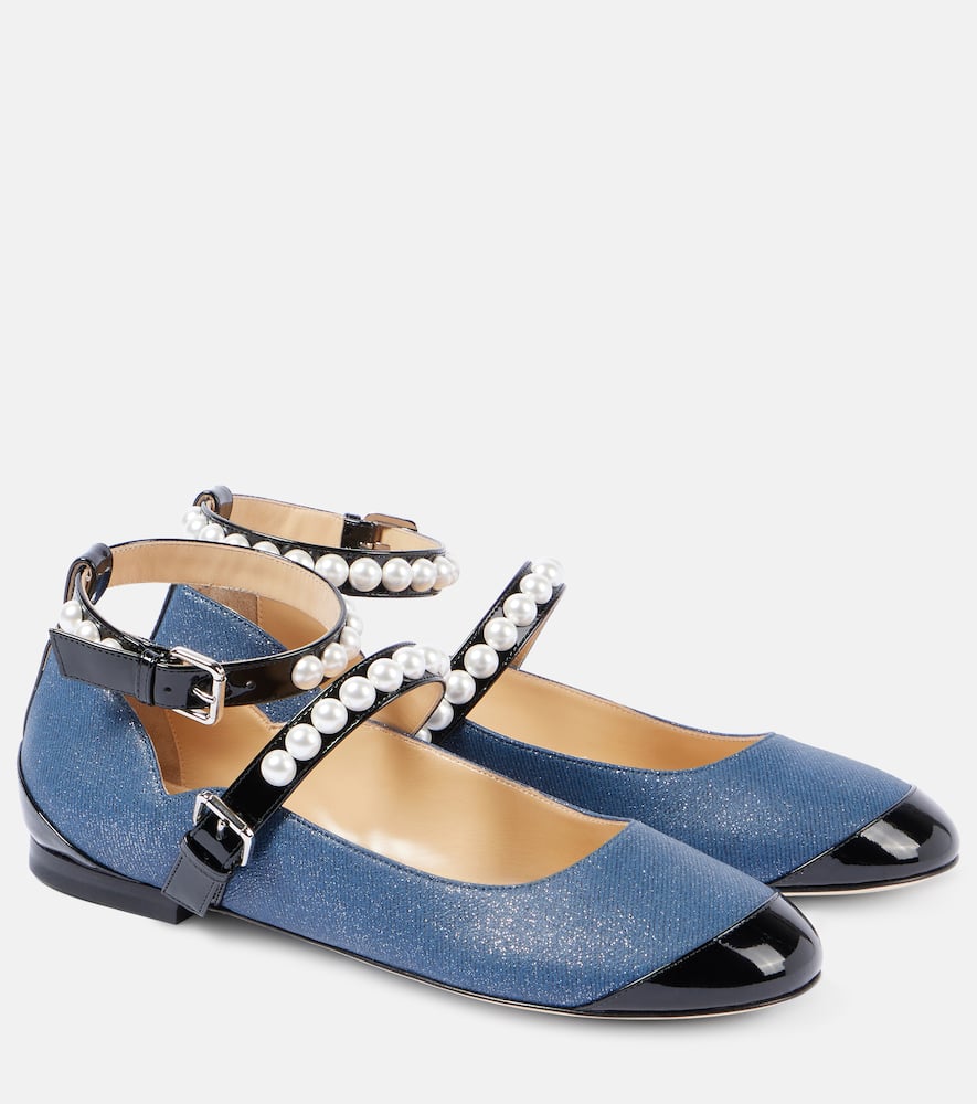 Embellished denim Mary Jane flats