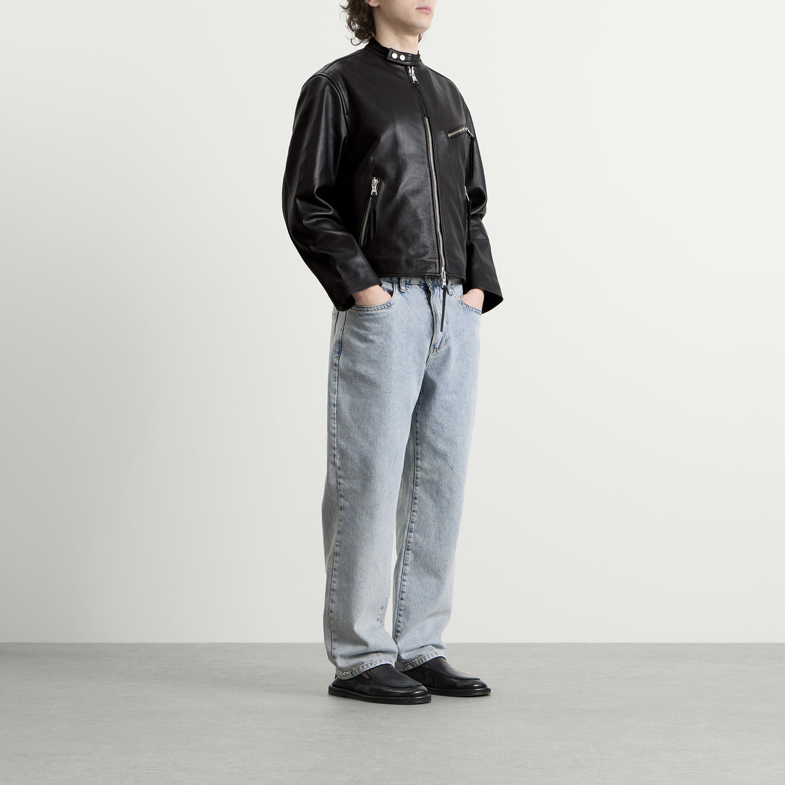 Men's Cropped Leather Racer Jacket Black
