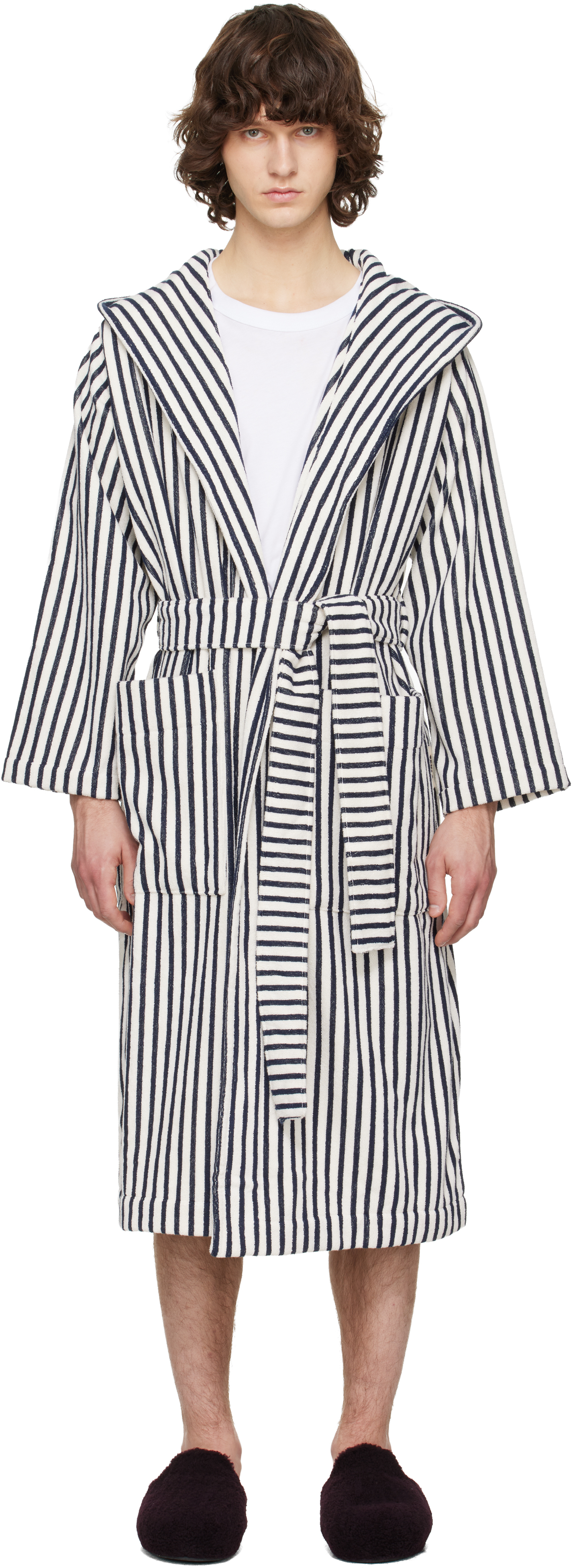 Off-White & Navy Terry Hooded Bathrobe
