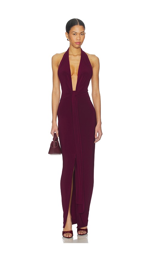Norma Kamali x REVOLVE Tie Front Halter Gown in Wine. M. Also in