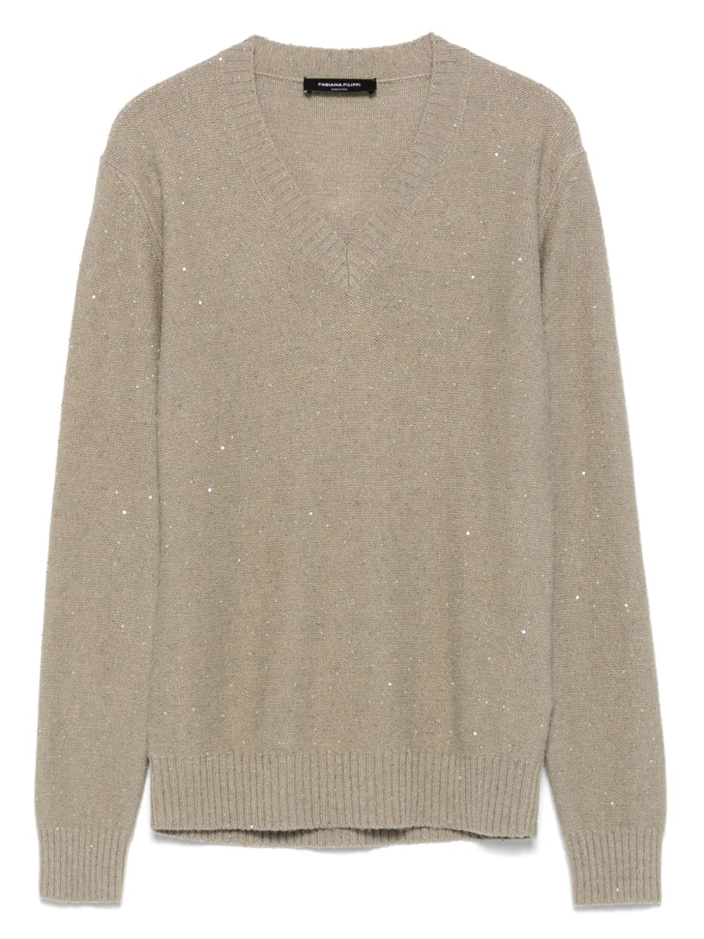 Sequin-Embellished Virgin Wool Sweater — Beige