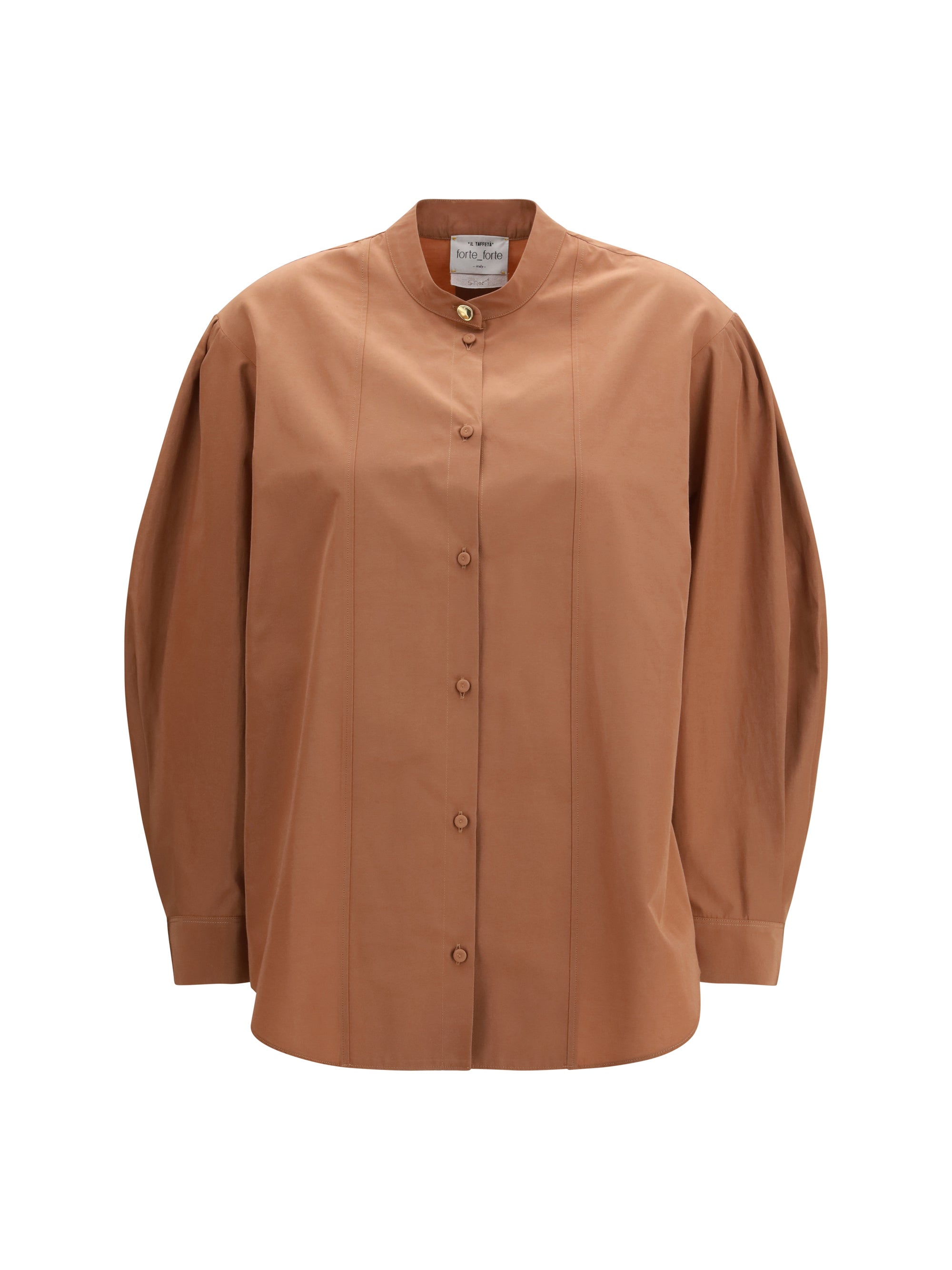 High-Neck Puff-Sleeve Shirt — Beige