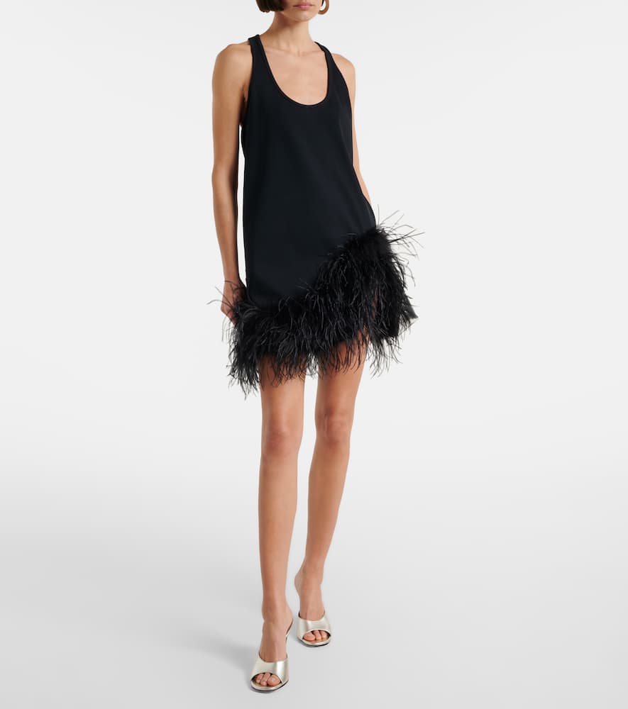Ribbed-knit feather-trimmed cotton minidress