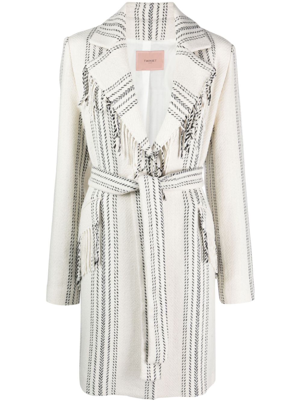 Jacquard fringed coat - White