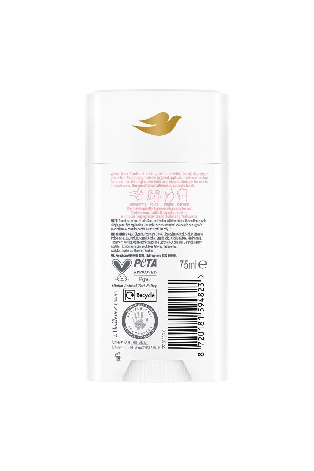 Dove Whole Body Deodorant Stick Long Lasting Raspberry & Rose , 6 Pack