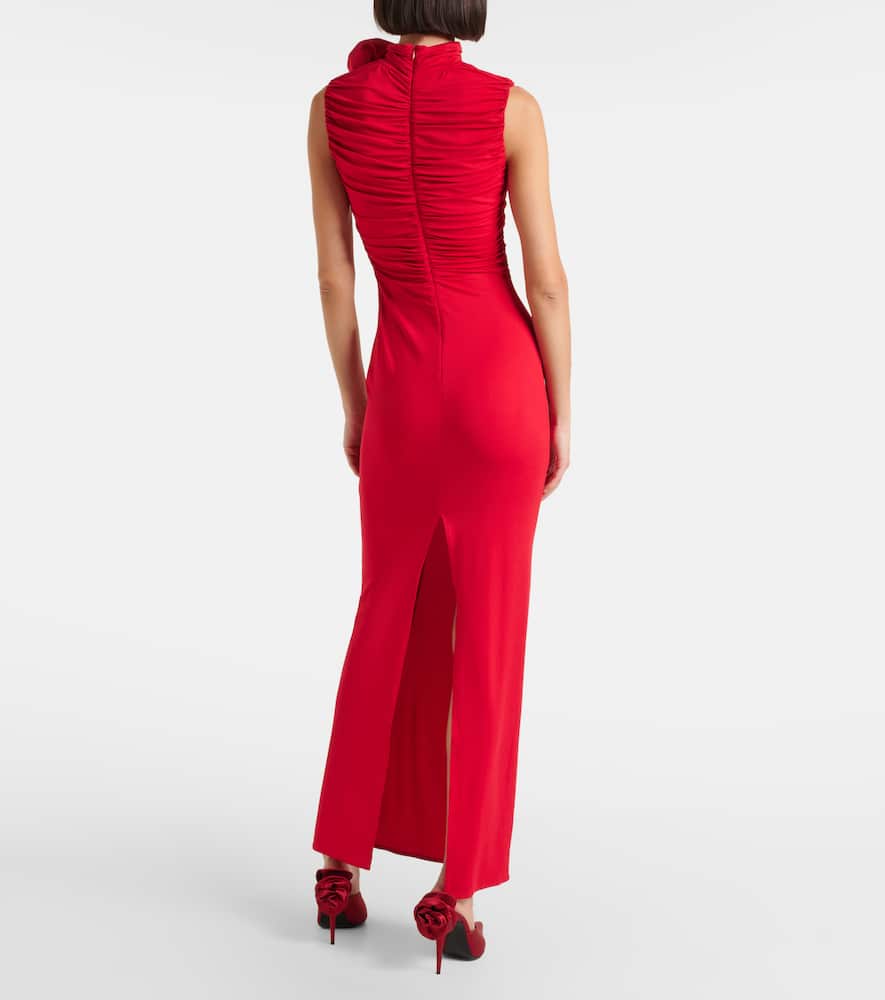 Floral-appliqué ruched jersey gown