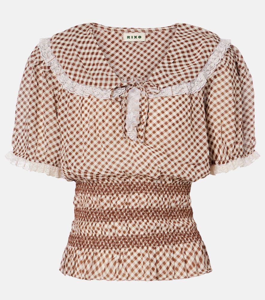 Britt gingham shirred crêpe top