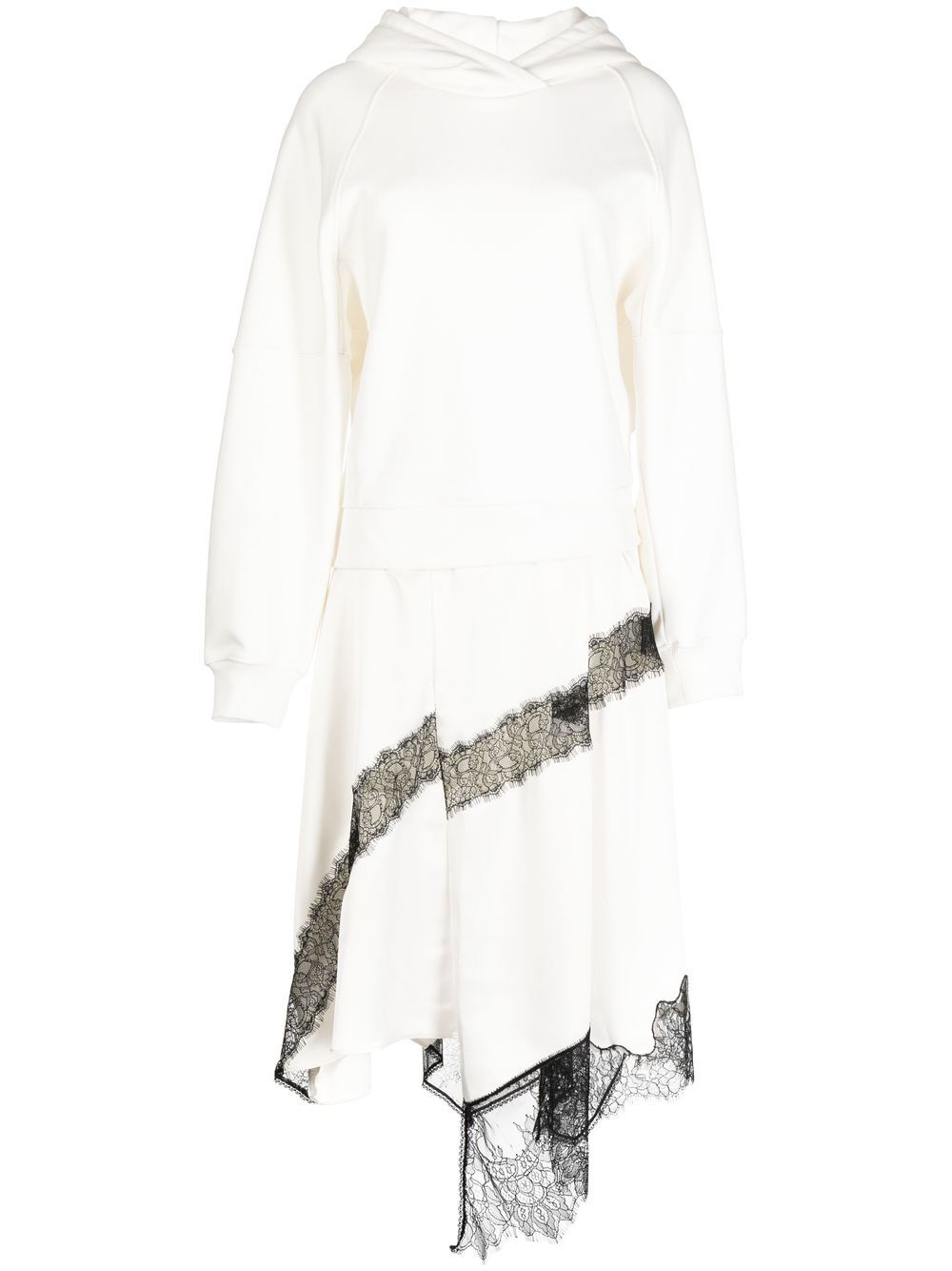 Lace-trim hooded asymmetric midi dress - White