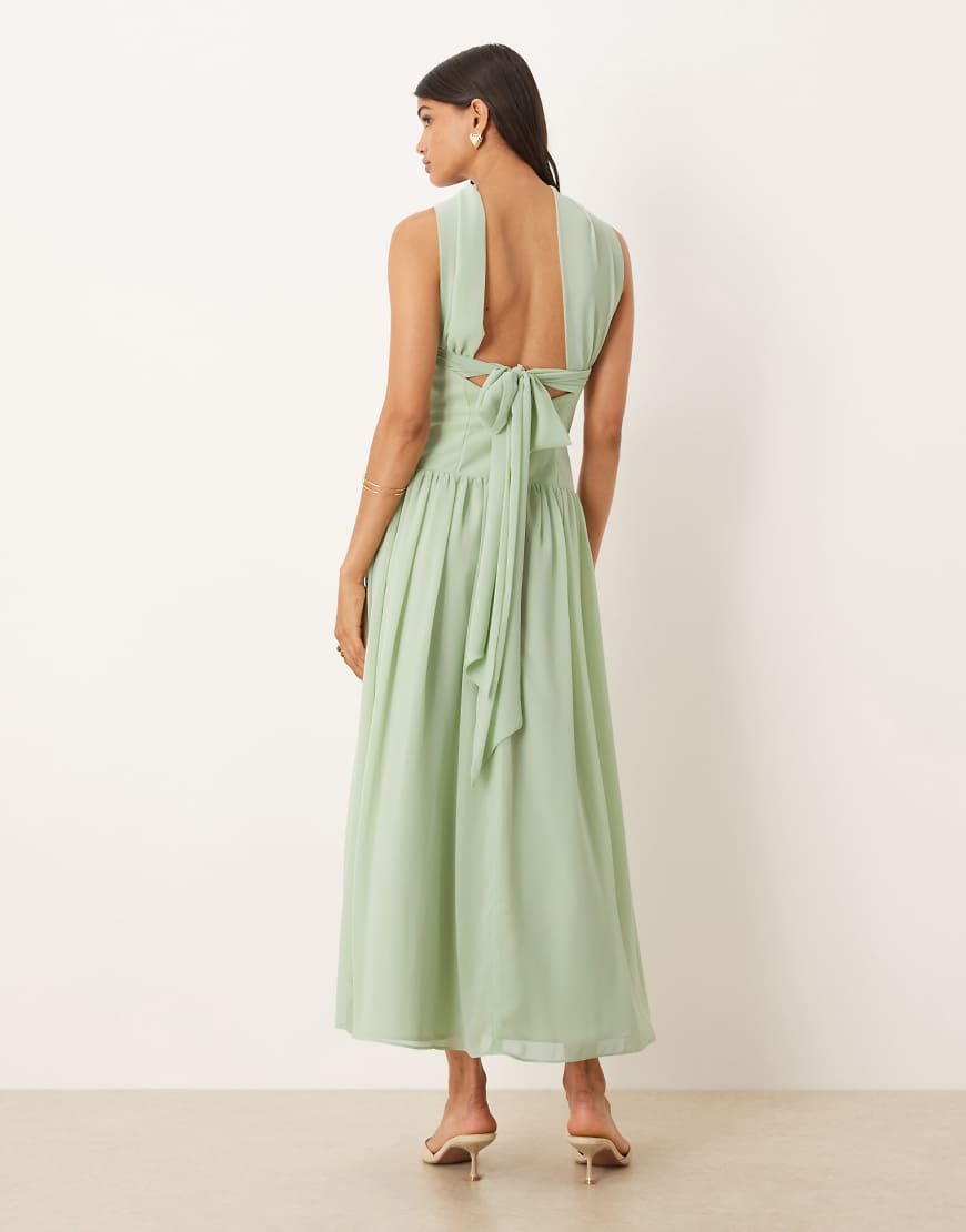 Scarf tie back dropped waist midi dress in sage green