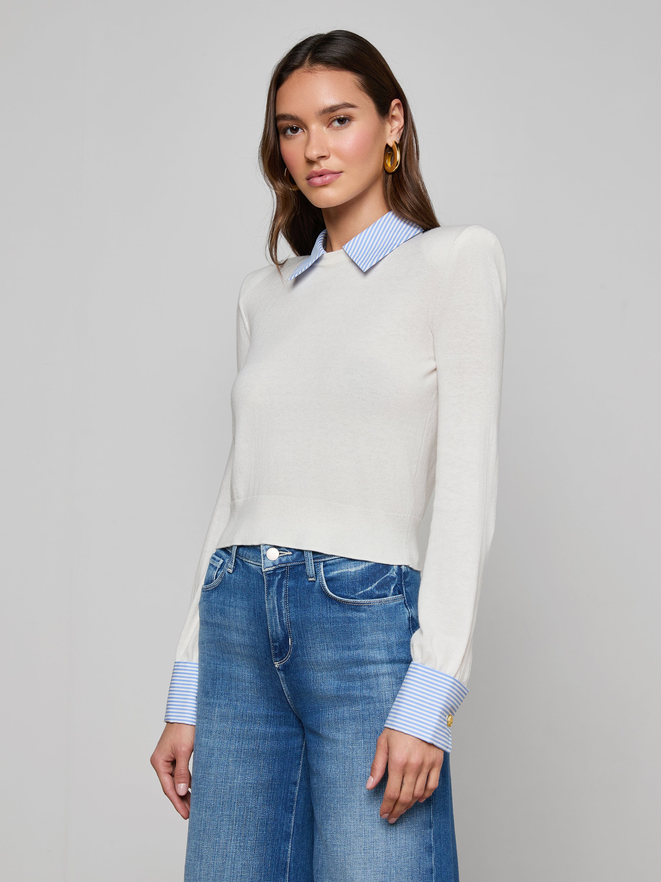 April Poplin Collar Pullover In White/blue Stripe