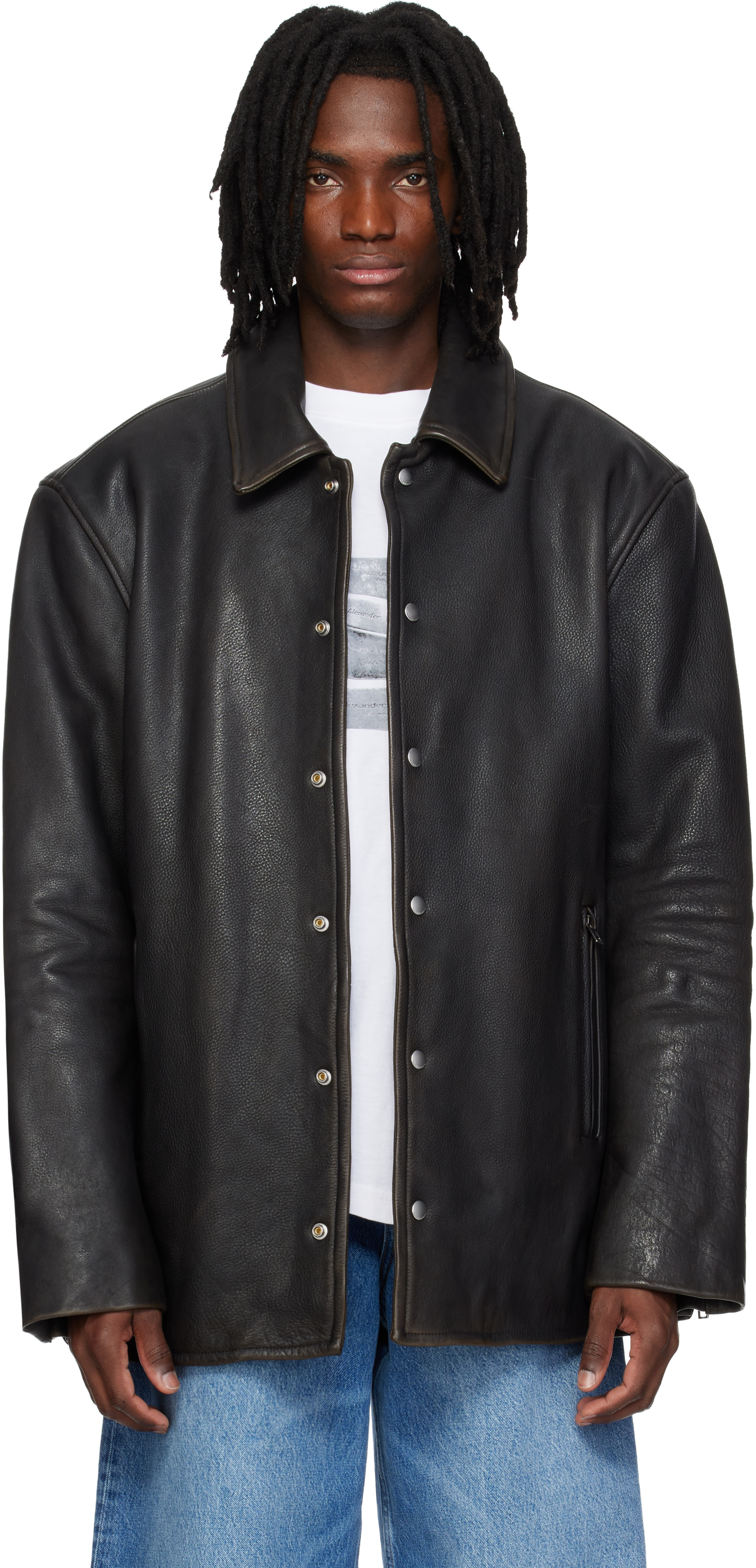 Black Snap Front Leather Jacket