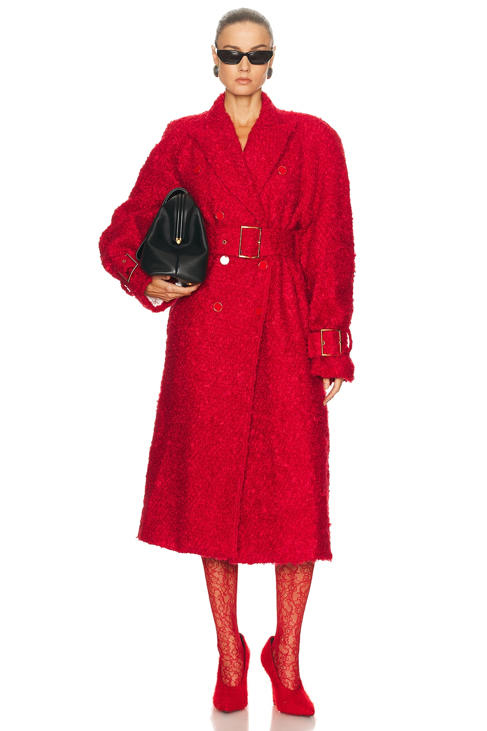 Rowen Rose Long Belted Coat in Red Tweed - Red. S also in