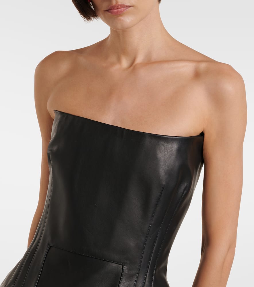 Off-shoulder leather bustier minidress