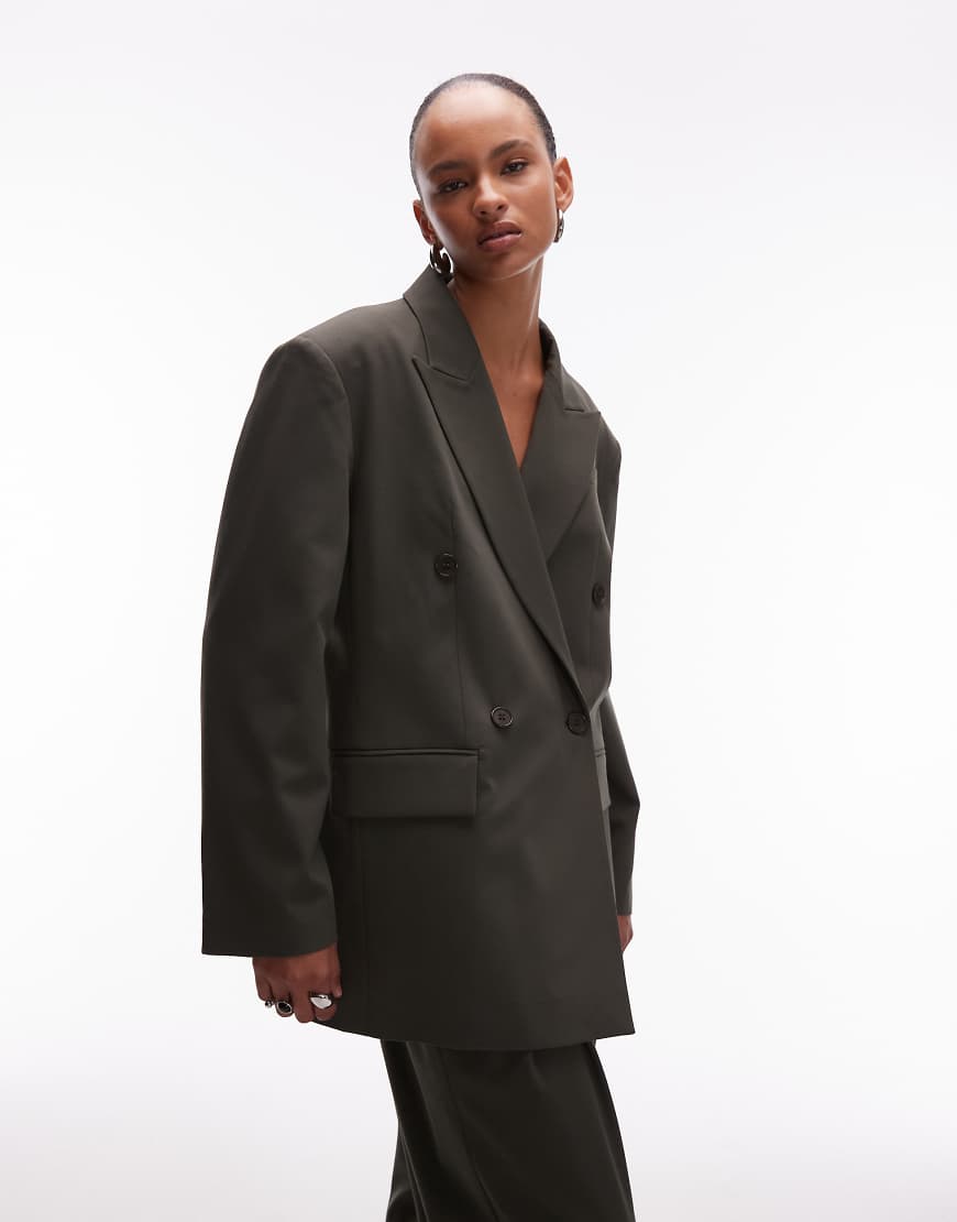 Power shoulder double breasted suit blazer in olive-Green