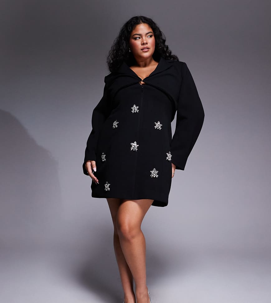 Curve structured tailored embellished long sleeve dress in black