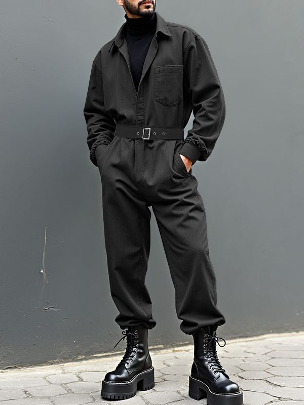 Men's Solid Color Utility Jumpsuit SKUL35106 - Black / S