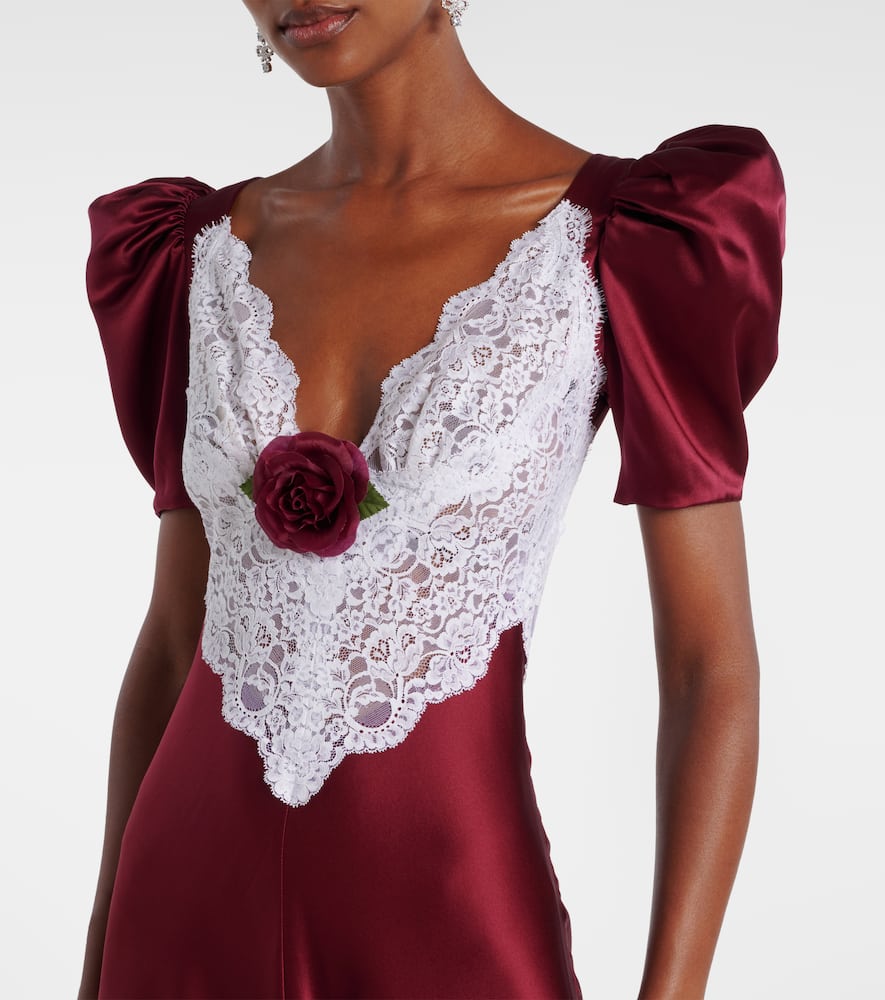 Floral-appliqué lace-trimmed silk gown