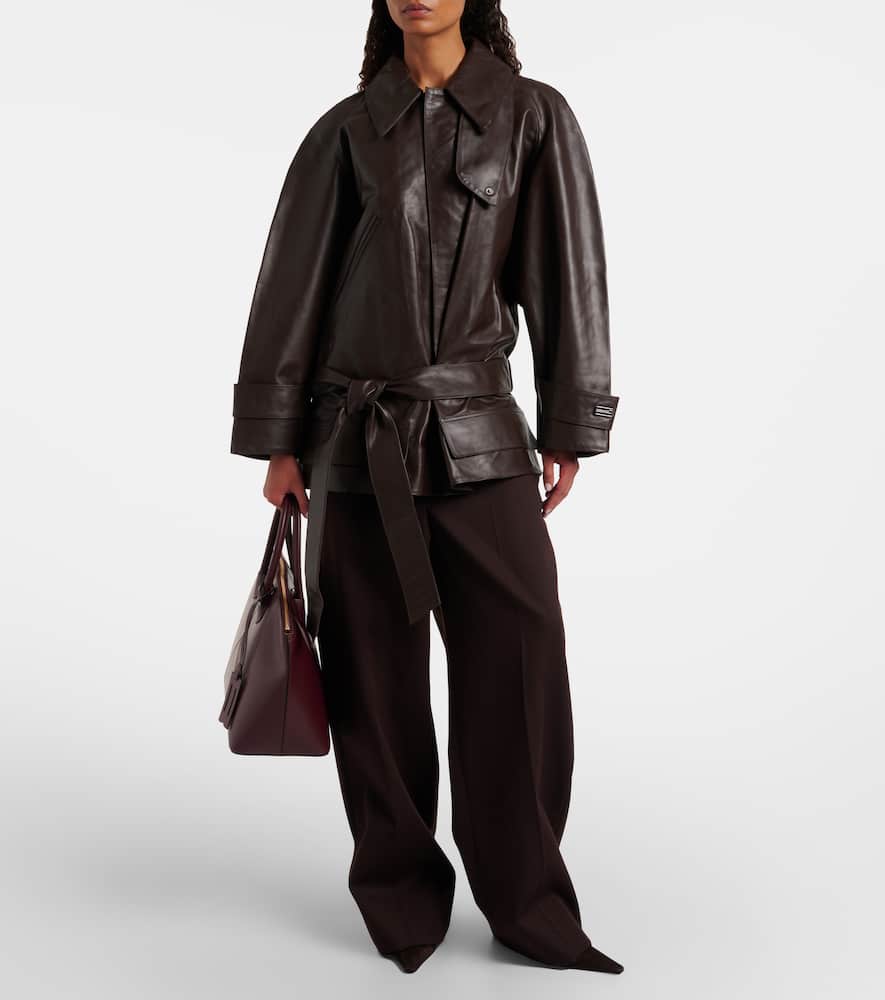Cropped leather trench coat