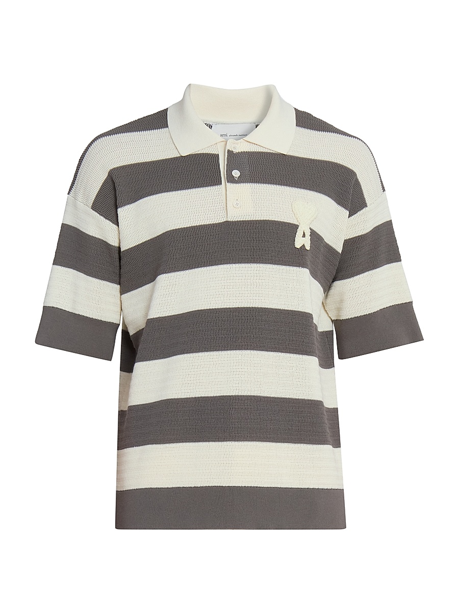 Men's Rugby Stripe Cotton Polo Shirt - Blanc Creme Carbone