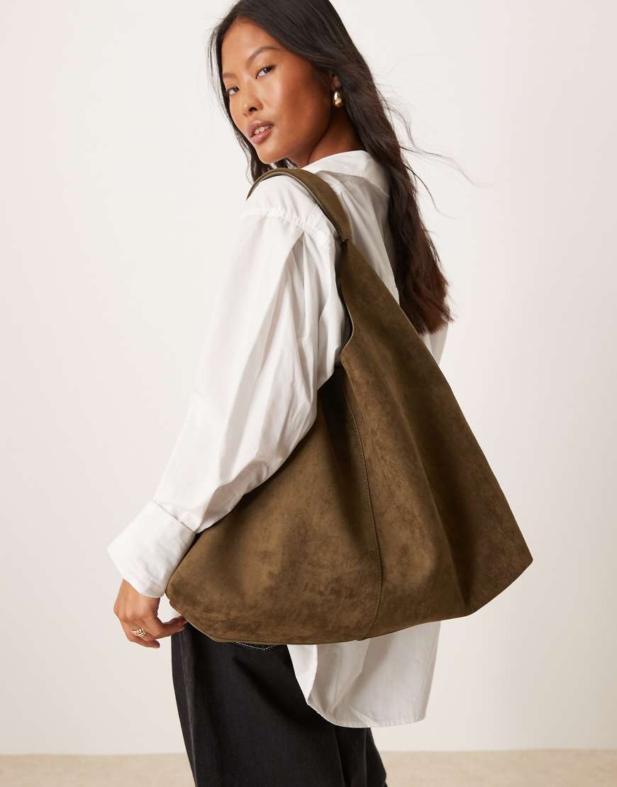 ASOS DESIGN faux suede scoop tote bag in khaki - KHAKI-Green