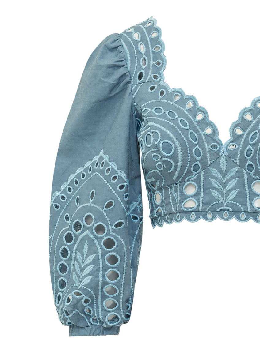 Blue Embroidered Sweetheart Neck Top