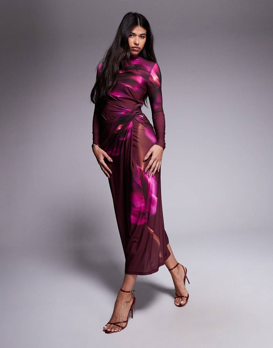 Exclusive high neck maxi dress purple floral print-Multi