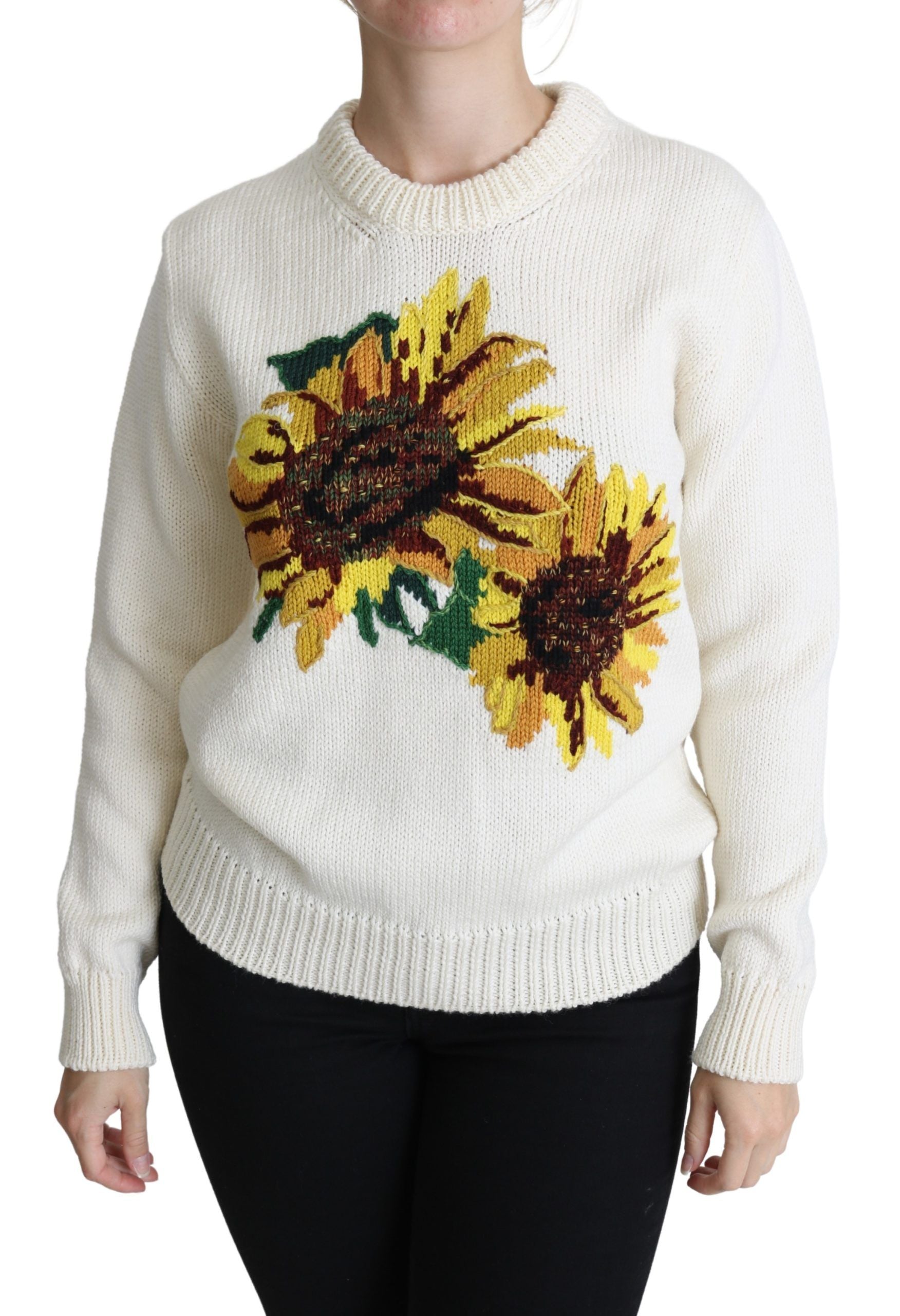 Sunflower-Embroidered Wool Blend Sweater — White