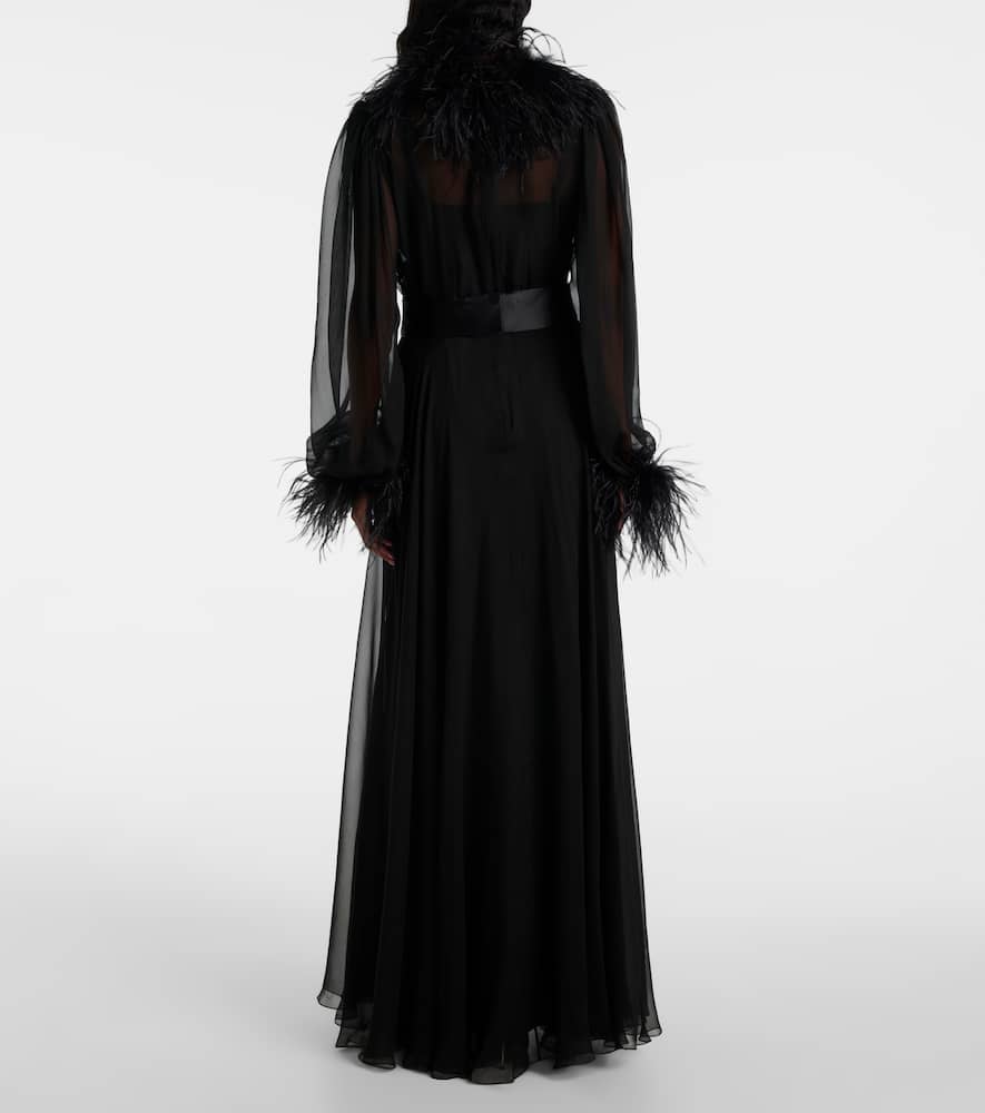 Feather-trimmed silk gown