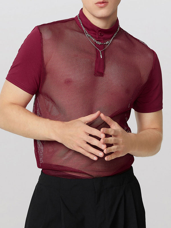 Mens Hollow-Out Mesh Patchwork Short Sleeve T-Shirt SKUL03639 - Red / S