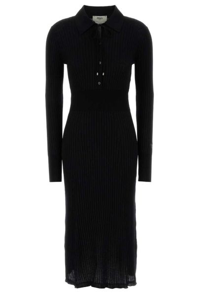 Fendi Ribbed-Knit Long Sleeved Drawstring Midi Dress