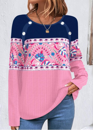 Modlily Multi Color Button Tribal Print T Shirt