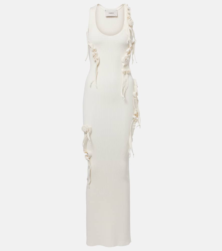 Floral-appliqué ribbed-knit maxi dress