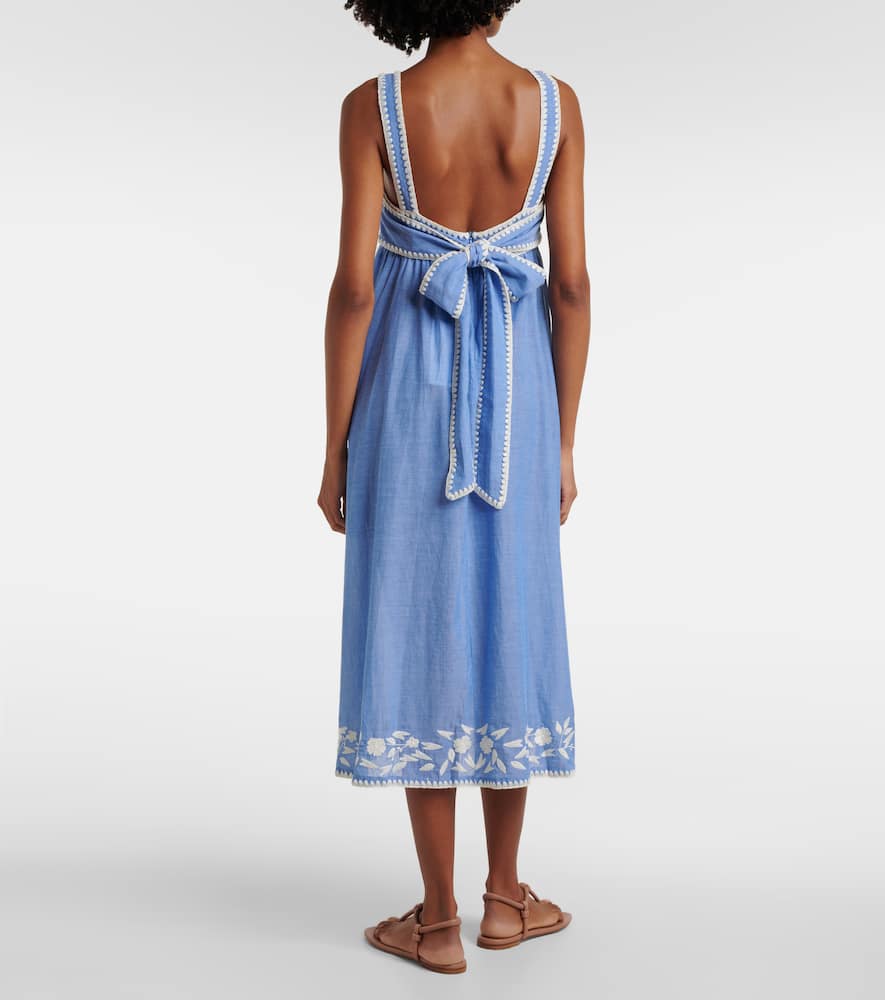Juliet Dunn Embroidered cotton chambray midi dress