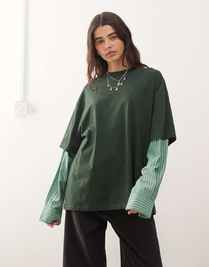 2 in 1 oversized t-shirt overlay and striped long sleeve shirt in dark green and green stripe