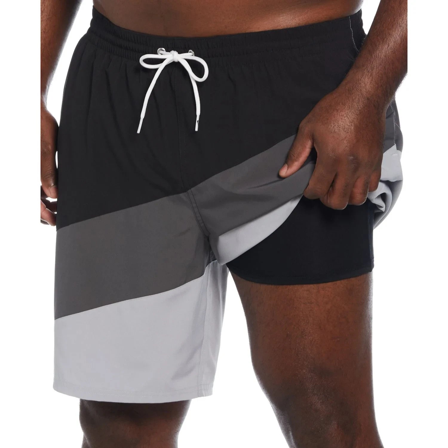 Color Surge Swim Trunks Mens Black Colorblocked 9" Drawstring FTS785