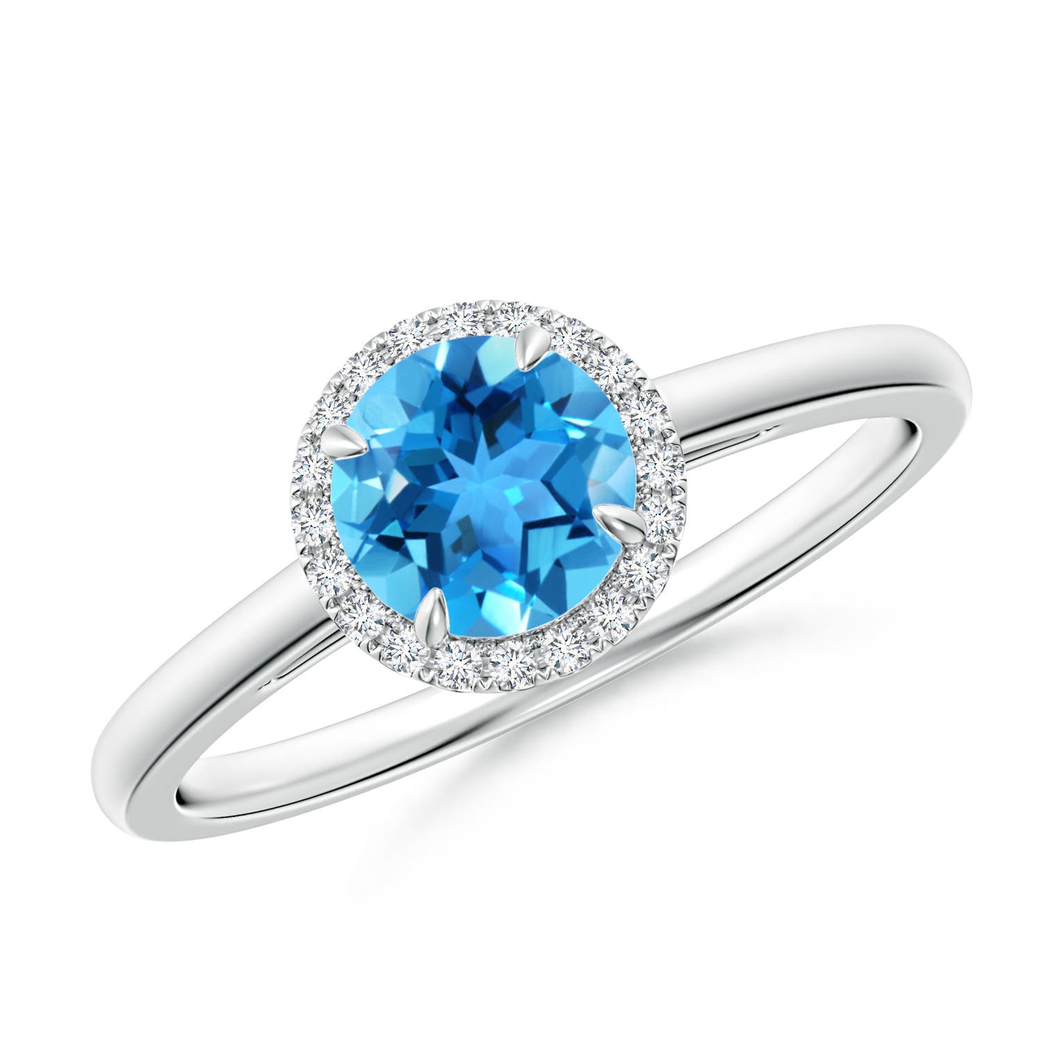 Angara 0.95 Carat Round Swiss Blue Topaz Cathedral Ring with Diamond Halo in Platinum