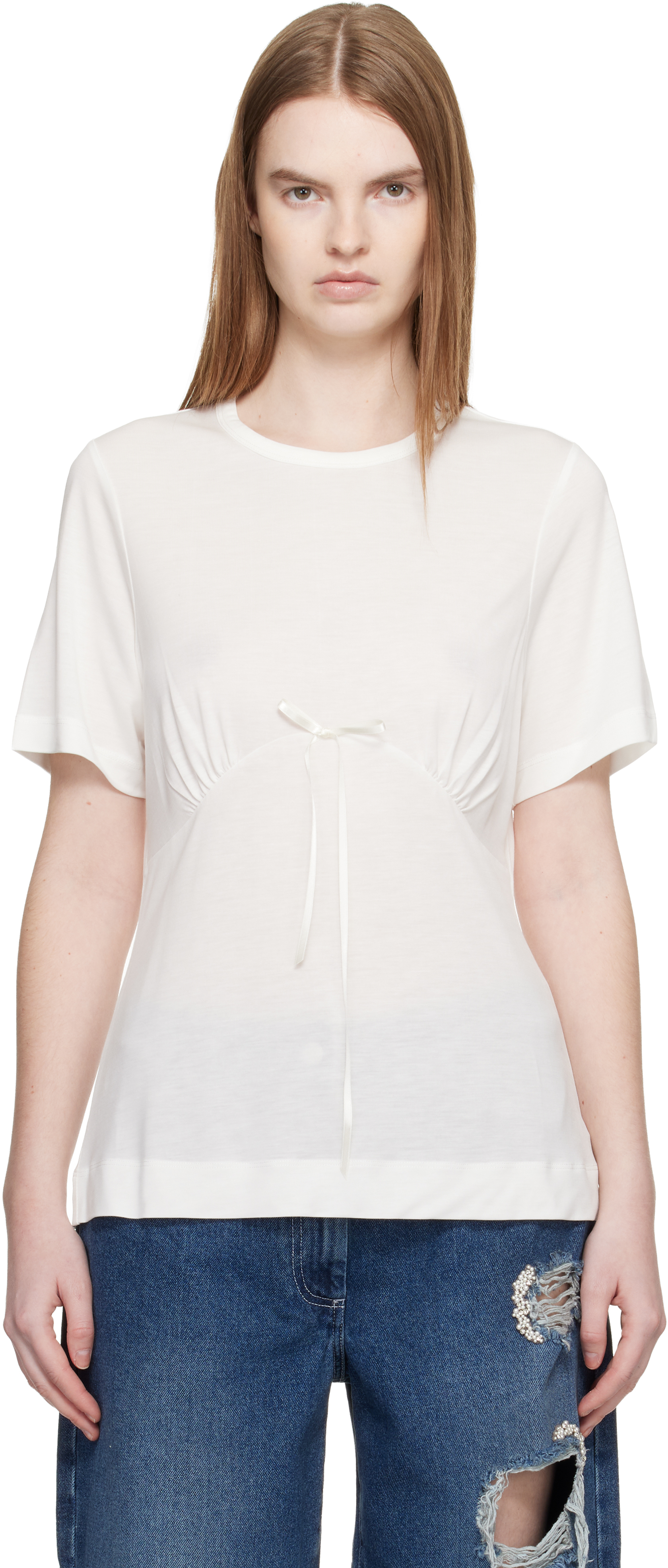 White Gathered Bust Bow T-shirt