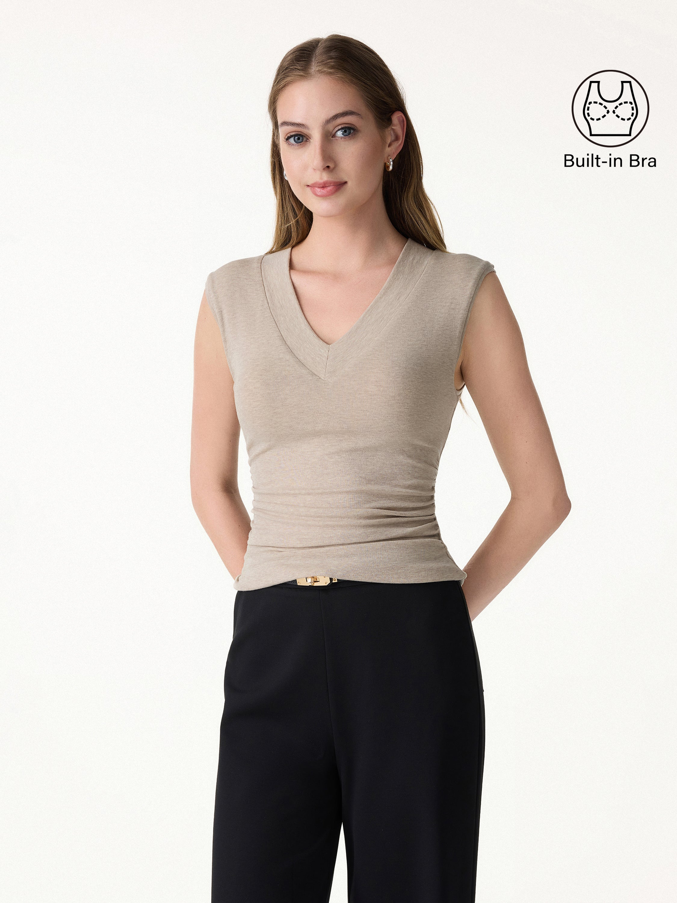 Sweat-Wicking V-Neck Wide Shoulder Ruched Bra Top - Heather Oatmeal