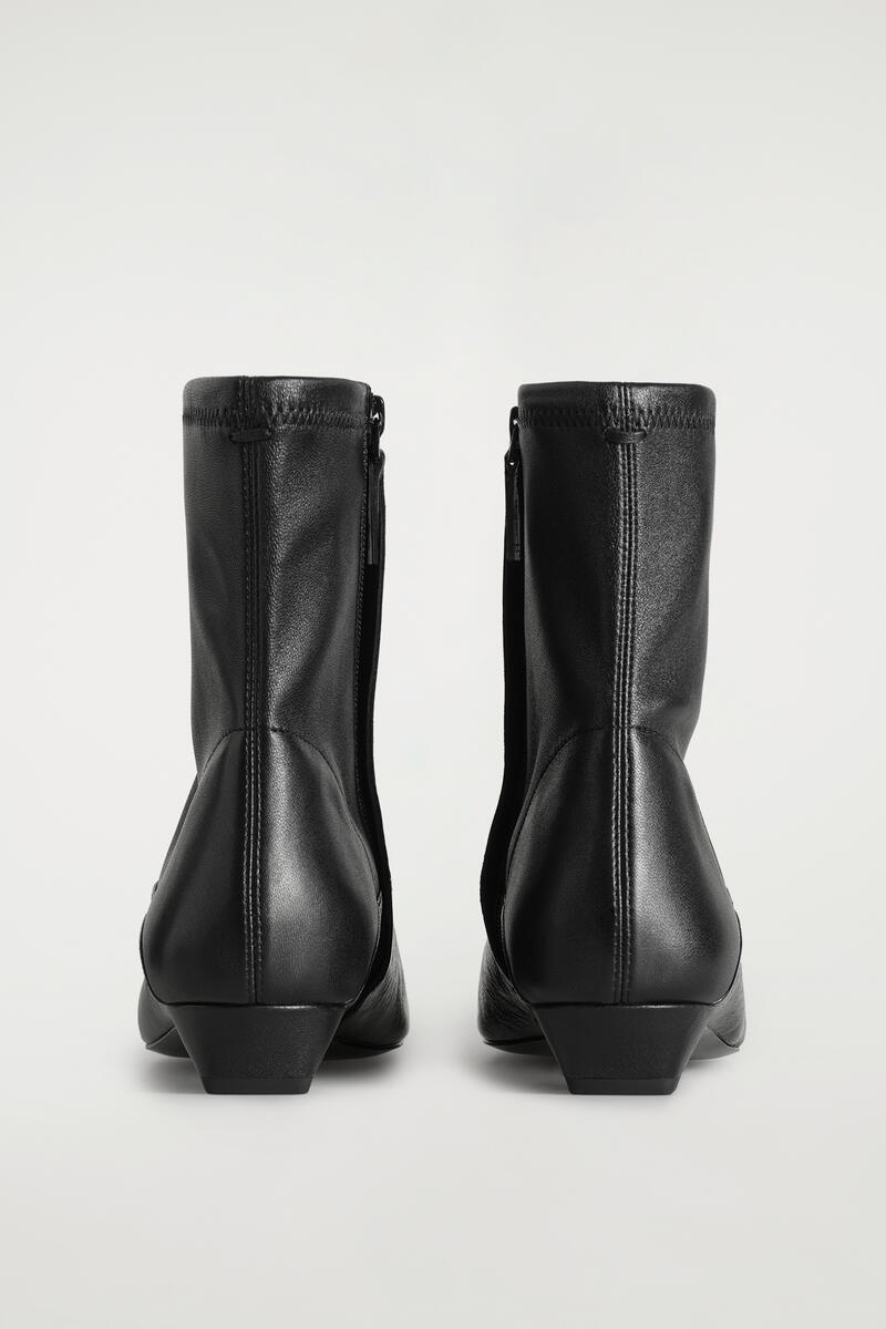 Paneled Pointed Leather Wedge Ankle Boots