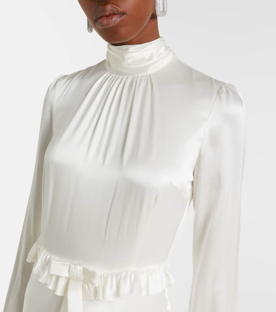 Bow-detail ruffled silk satin midi dress