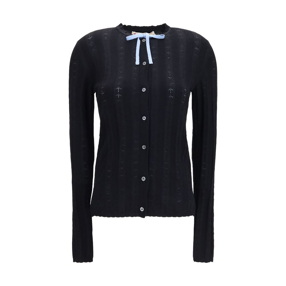 Merino Wool and Silk with Bow Cardigan — Black
