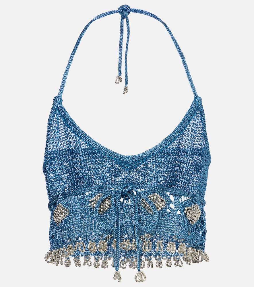 Crochet embellished lamé crop top