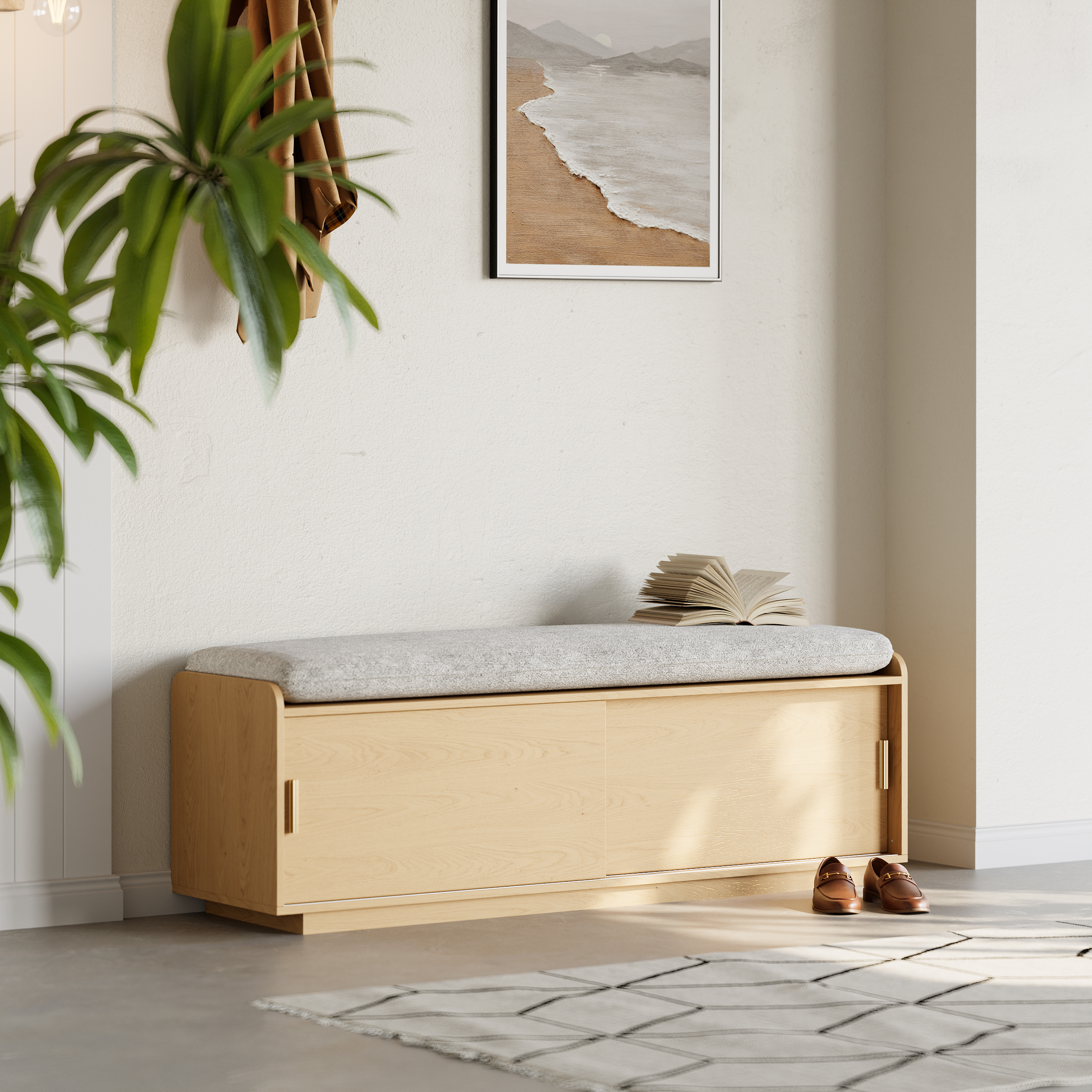 2 Doors Shoe Storage Entryway Bench Walnut Shoe Rack 135 c