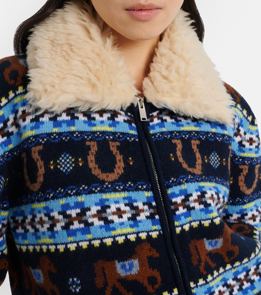 Intarsia virgin wool zip-up cardigan