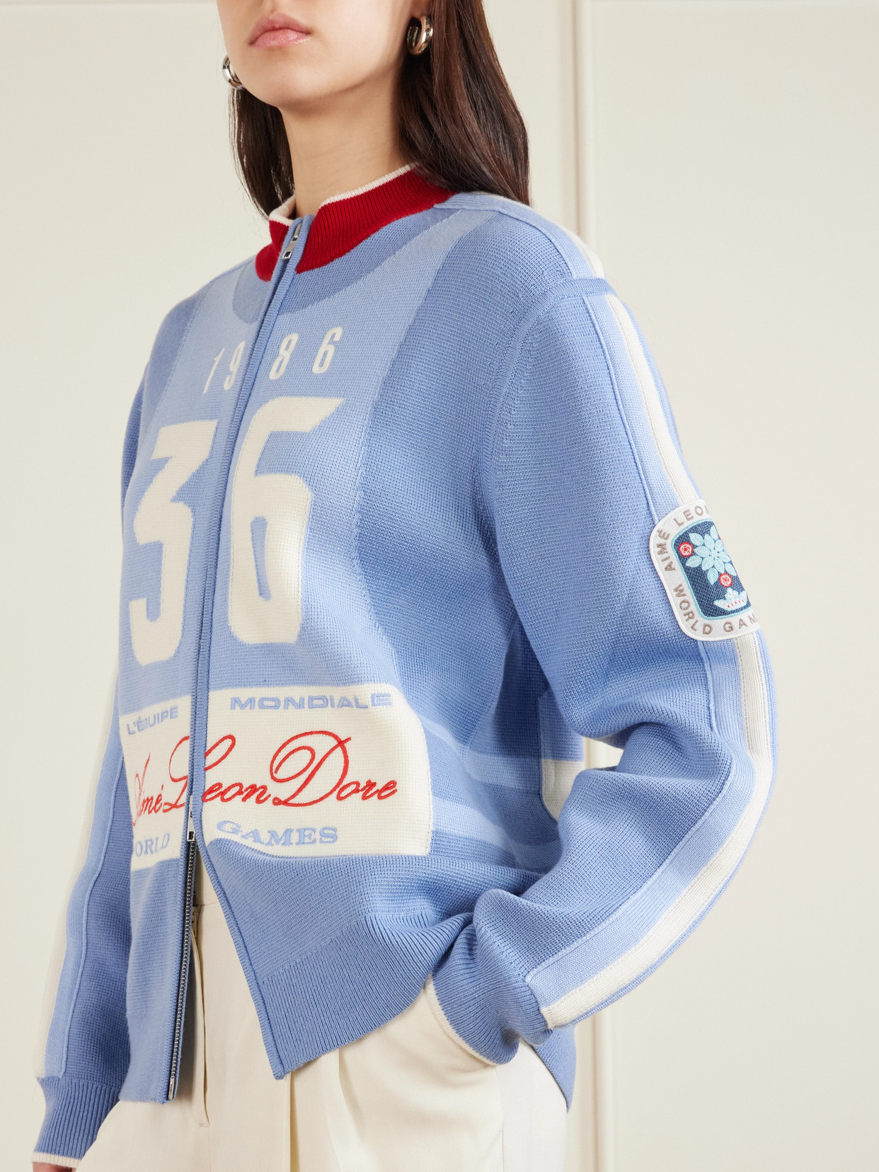 Jacquard-knit Wool Zip-up Cardigan - Blue