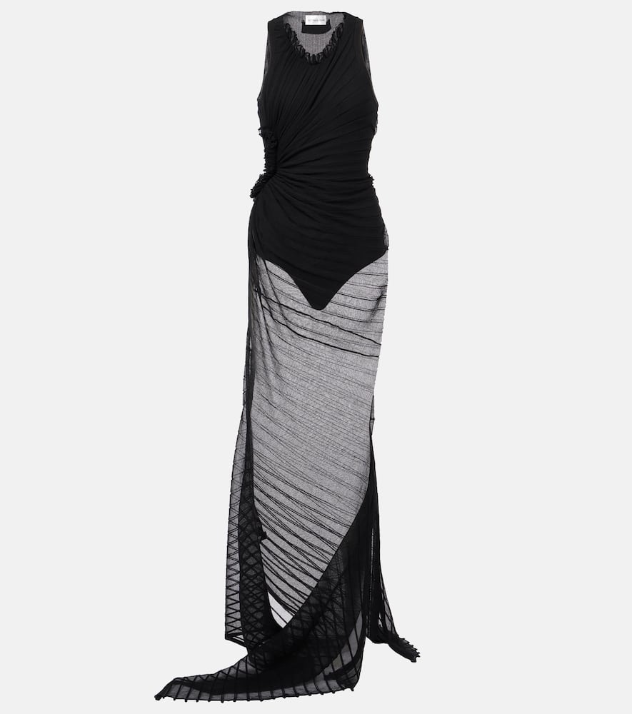 Gathered sheer tulle maxi dress