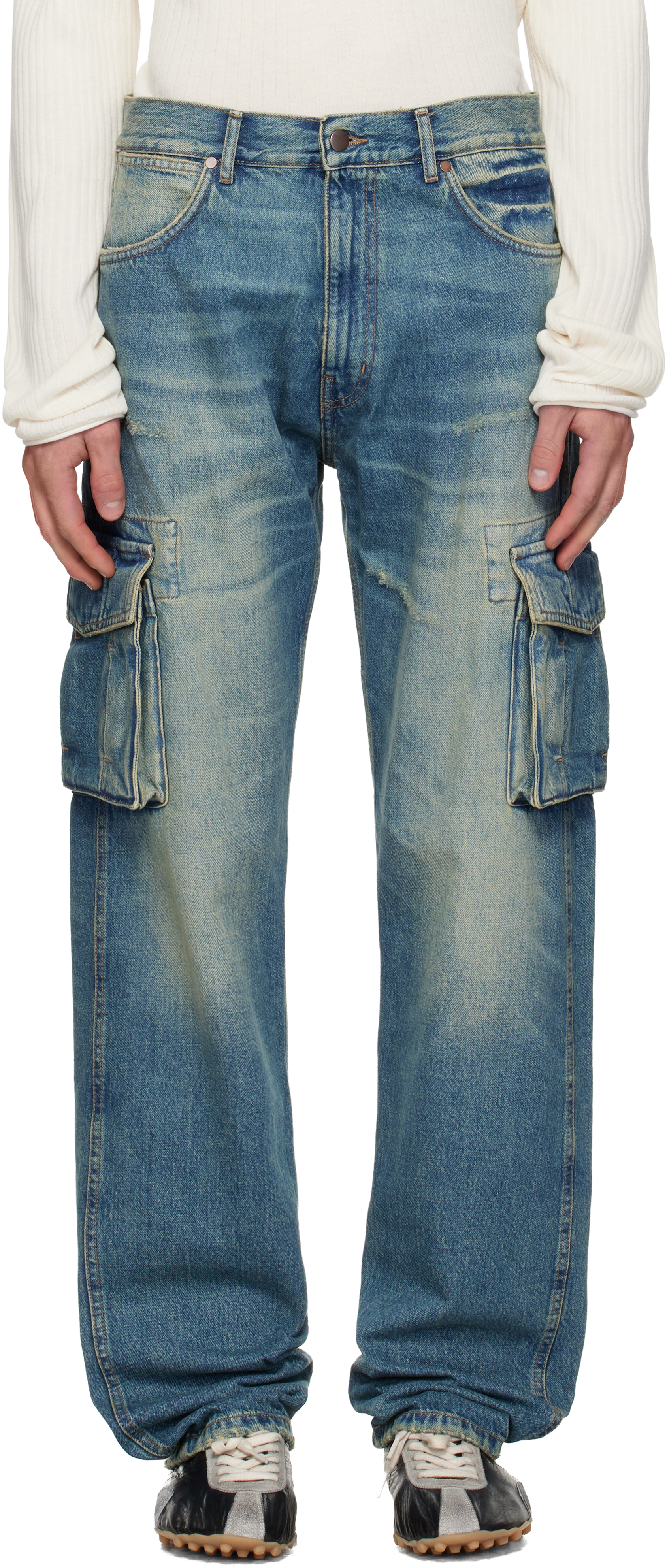 Blue Faded Denim Cargo Pants