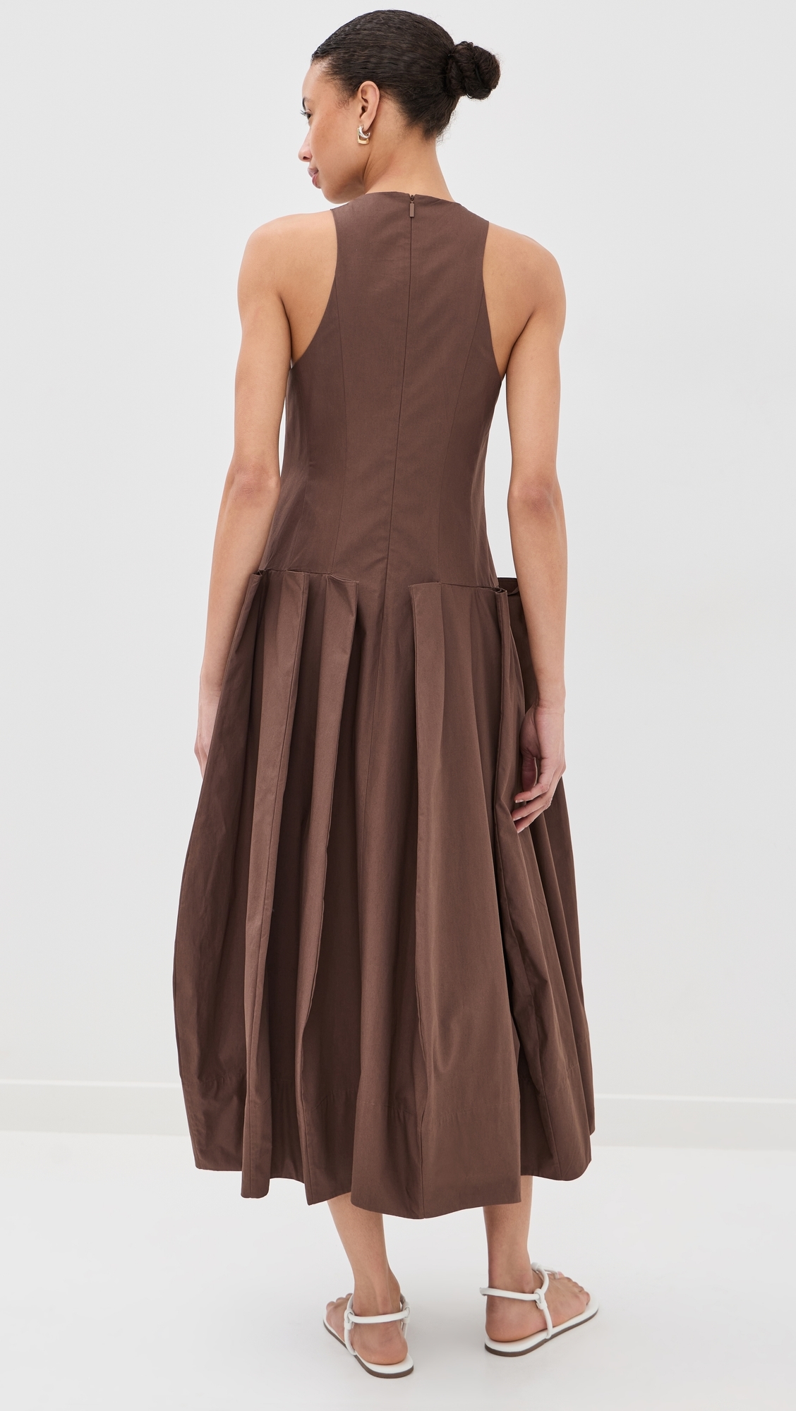 Compact Poplin Pinched Pleat Dress Sepia Brown