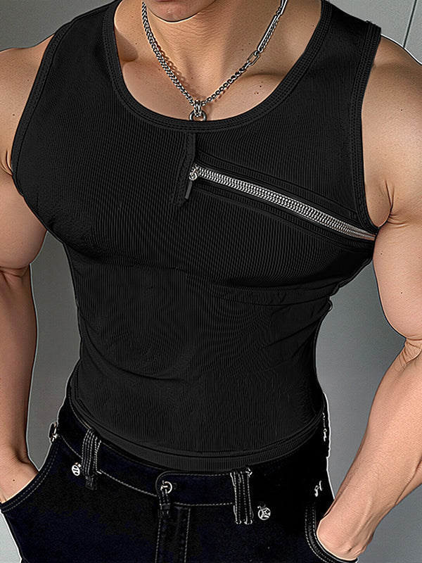 Mens Textured Asymmetrical Zip Sleeveless Tank SKUL01094 - Black / S