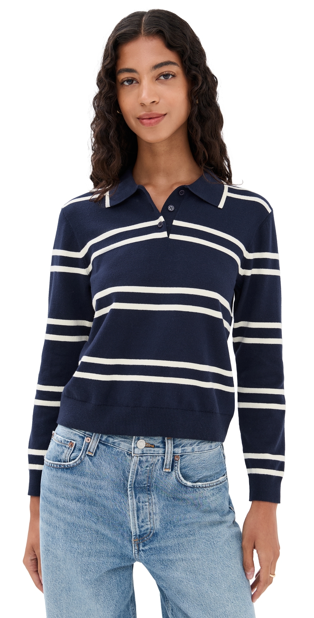 Long Sleeve Striped Polo Green/White